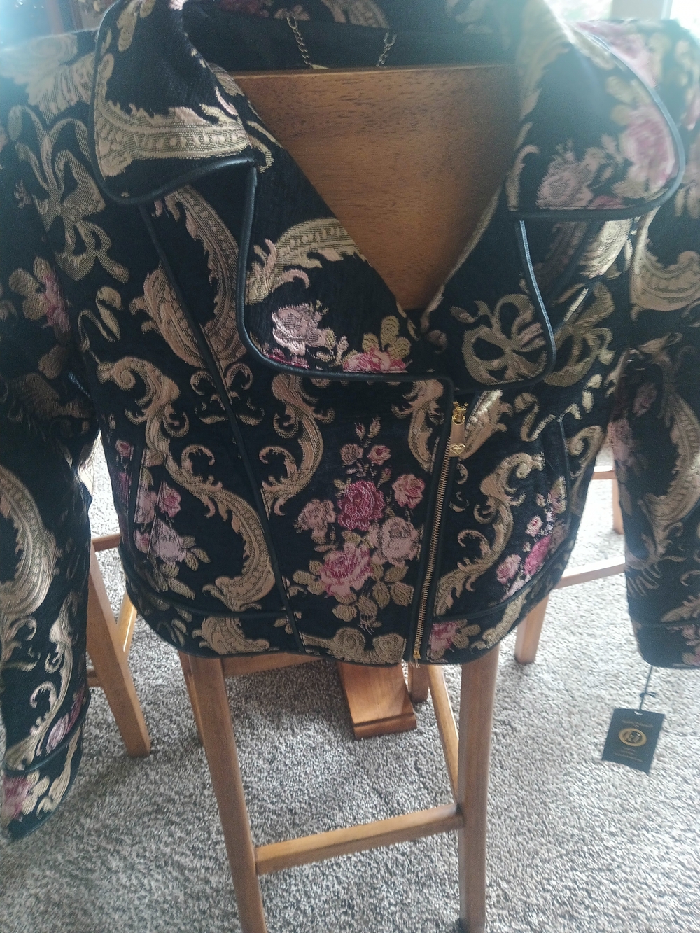 Floral Brocade Black Jacket with Pink Accents/ Kathy Ireland
